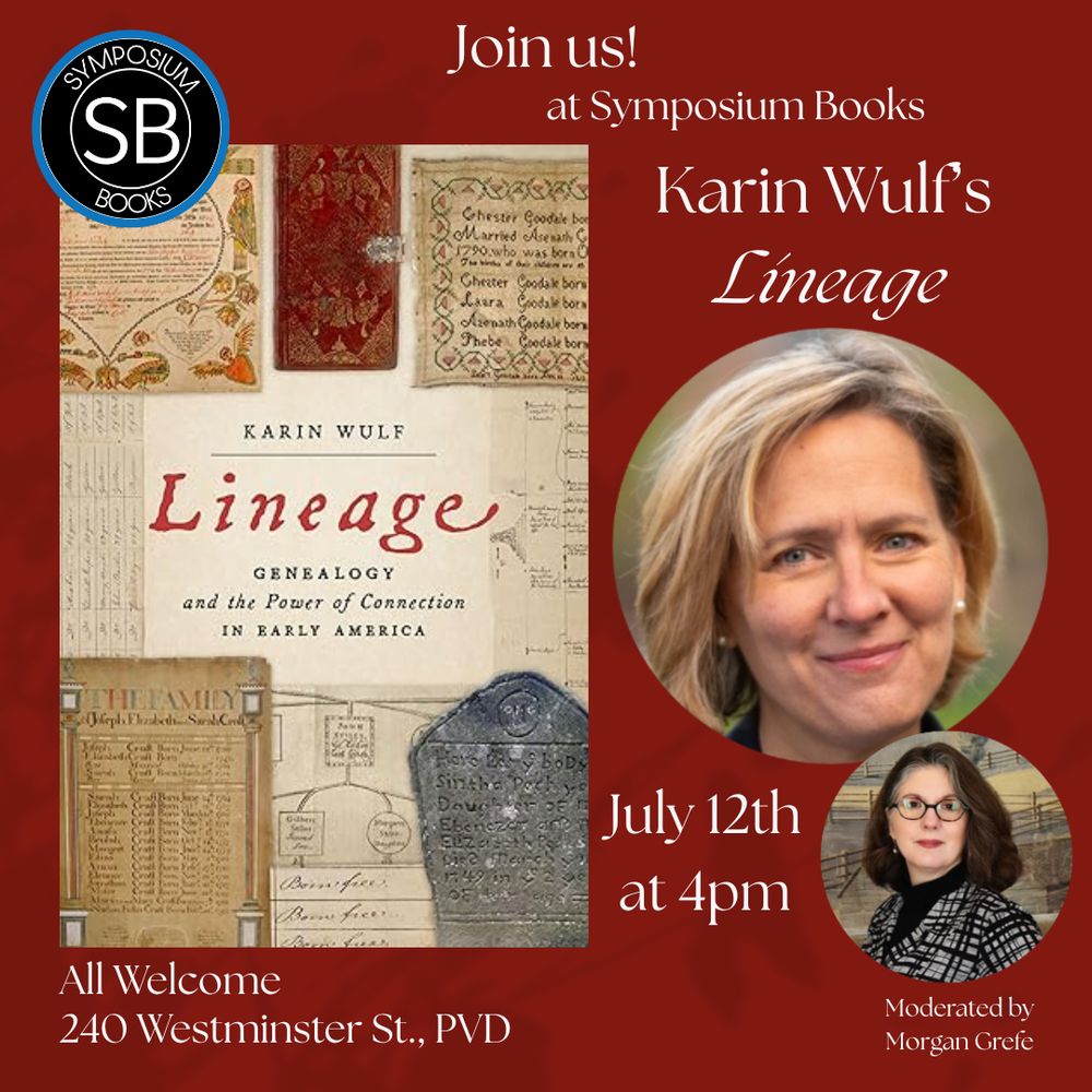 Poster for Lineage at Symposium Books 240 Westminster St in Providence. July 12 at 4.  Pictures of Karin and Morgan, and the book cover.
