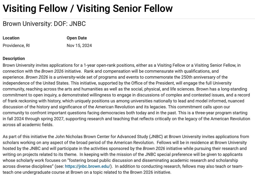 Text of the fellowship announcement from Interfolio for Visiting Fellow/ Visiting Senior Fellow associated with Brown 2026.