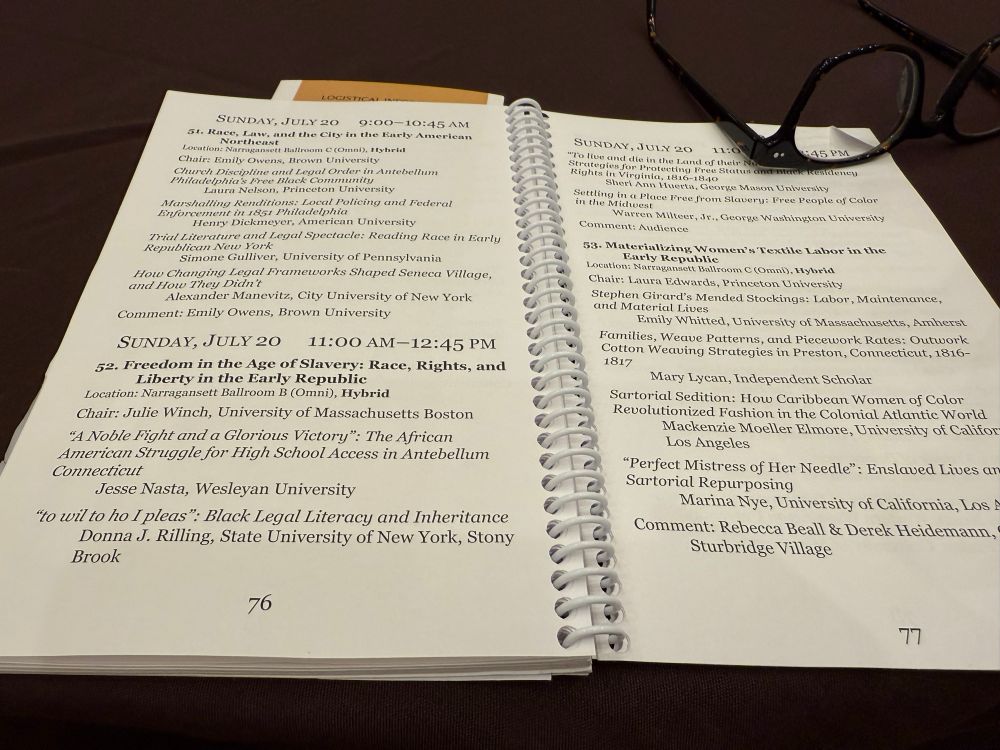 Open spiral with Sunday morning sessions listed for the society for historians of the early American republic.