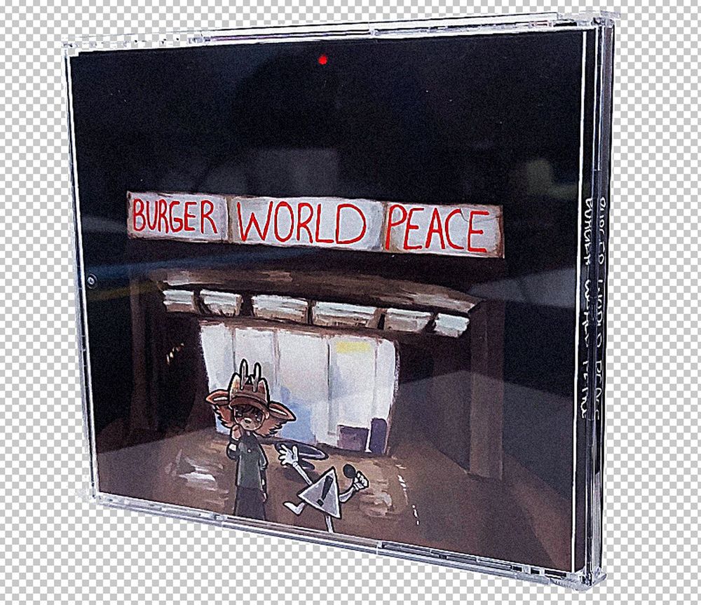 Back cover by Spoolbug. Features ilysm's fursona and the "Scuff God" standing outside of a fictional burger restaurant named after the album. The spine is just barely visible in the photo.