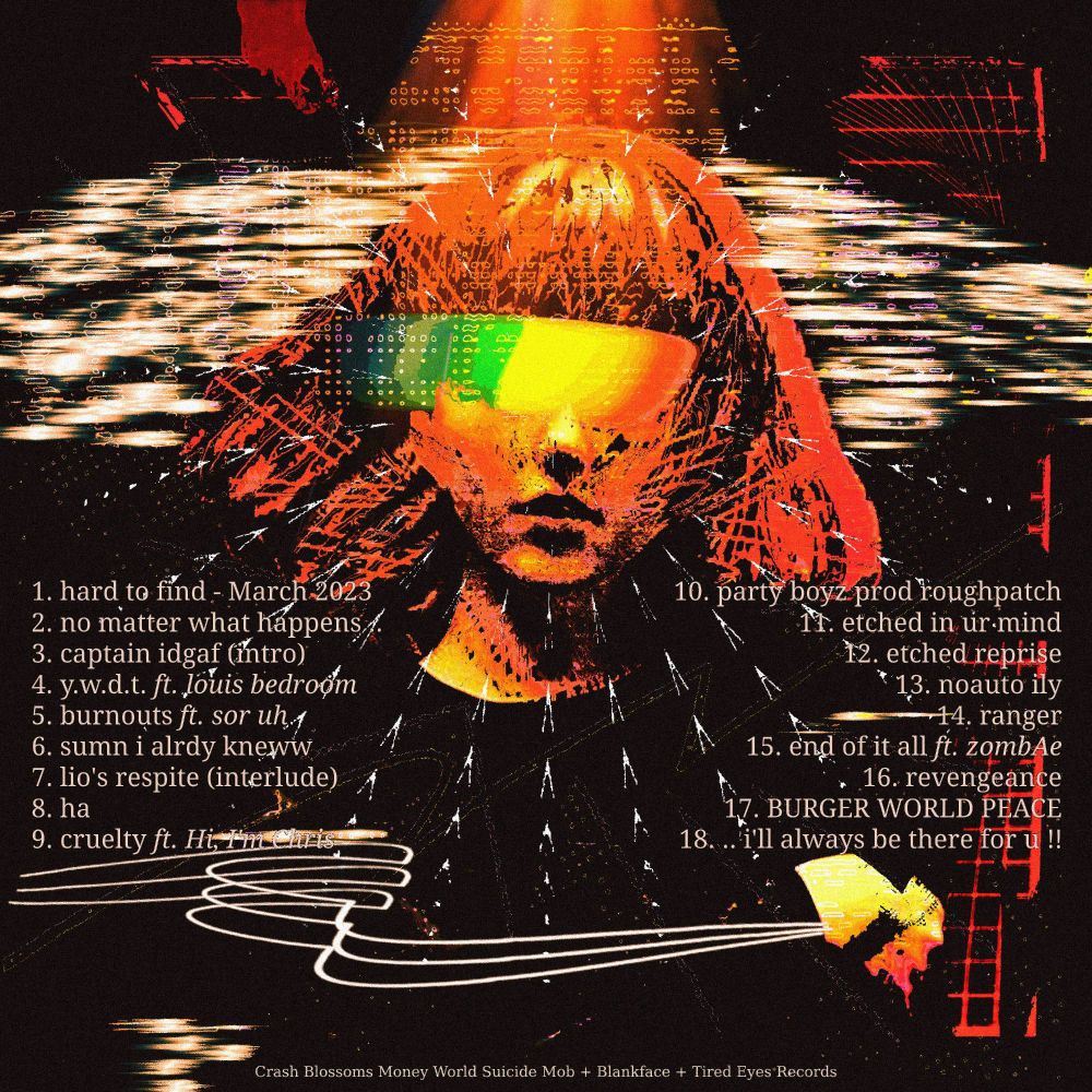 ilysm - burger world peace & the endless mediocrity (tracklist)

1. hard to find - March 2023
2. no matter what happens ..
3. captain idgaf (intro)
4. y.w.d.t. ft. louis bedroom
5. burnouts ft. sor uh
6. sumn i alrdy kneww
7. lio's respite (interlude) ft. SATURNULTRA
8. ha
9. cruelty ft. Hi, I'm Chris
10. party boyz prod roughpatch <-- this is the title of the song
11. etched in ur mind
12. etched reprise
13. noauto ily
14. ranger
15. end of it all ft. zombAe
16. revengeance
17. BURGER WORLD PEACE
18. .. i'll always be there for u !!

Crash Blossoms Money World Suicide Mob + Blankface + Tired Eyes Records