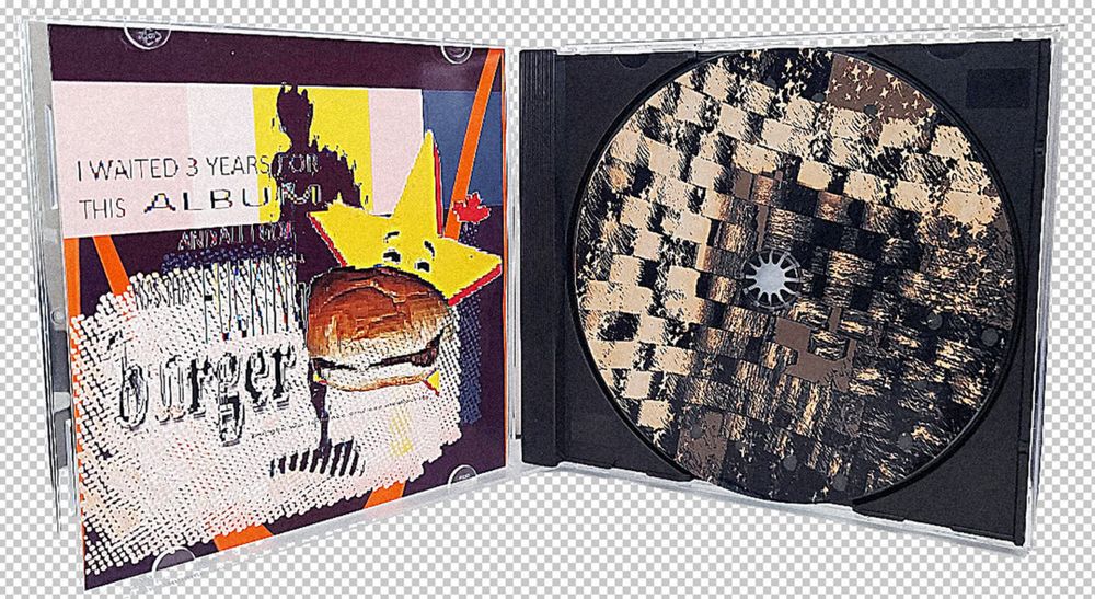 Inner artwork and CD artwork, two abstract pieces by Adam. Features text that reads "I WAITED 3 YEARS FOR THIS ALBUM AND ALL I GOT WAS THIS FUCKING BURGER".