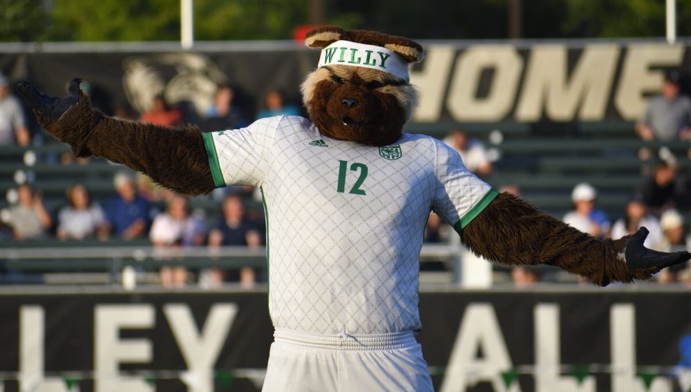 A wolverine mascot in white clothing, his arms spread out