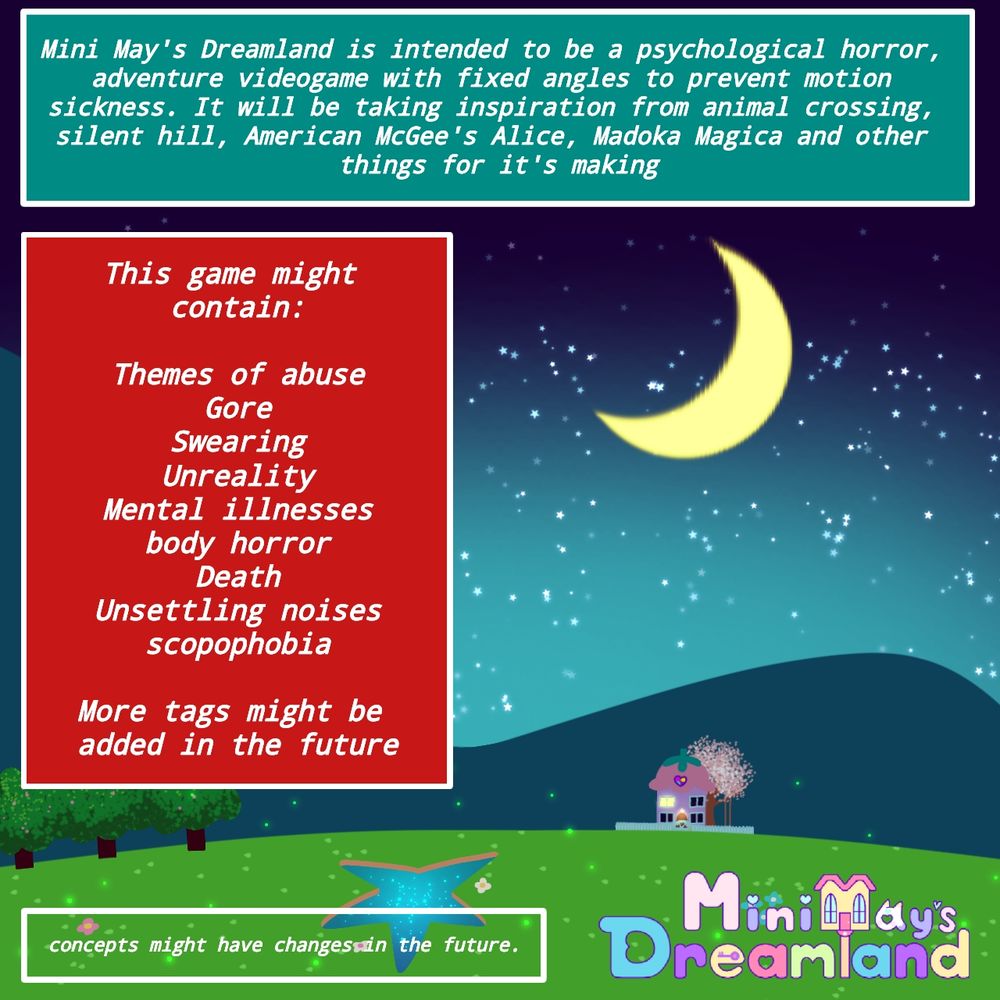 (top teal rectangle): Mini May's Dreamland is intended to be a psychological horror, adventure videogame with fixed angles to prevent motion sickness. It will be taking inspiration from Animal crossing, silent hill, American McGee's Alice, Madoka Magica and other things for it's making.

(Red square in the middle left): This game might contain:
Themes of abuse
Gore
Swearing
Unreality
Mental illnesses
Body horror
Death
Unsettling noises
Scopophobia

More tags might be added in the future



(Transparent rectangle on bottom left corner): Concepts might change in the future. 