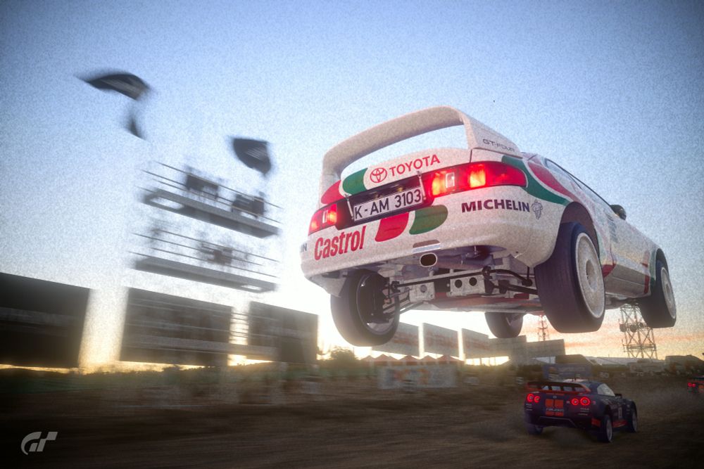 The 1995 Toyota Celica GT-FOUR ST205 in rally configuration, jumping in style