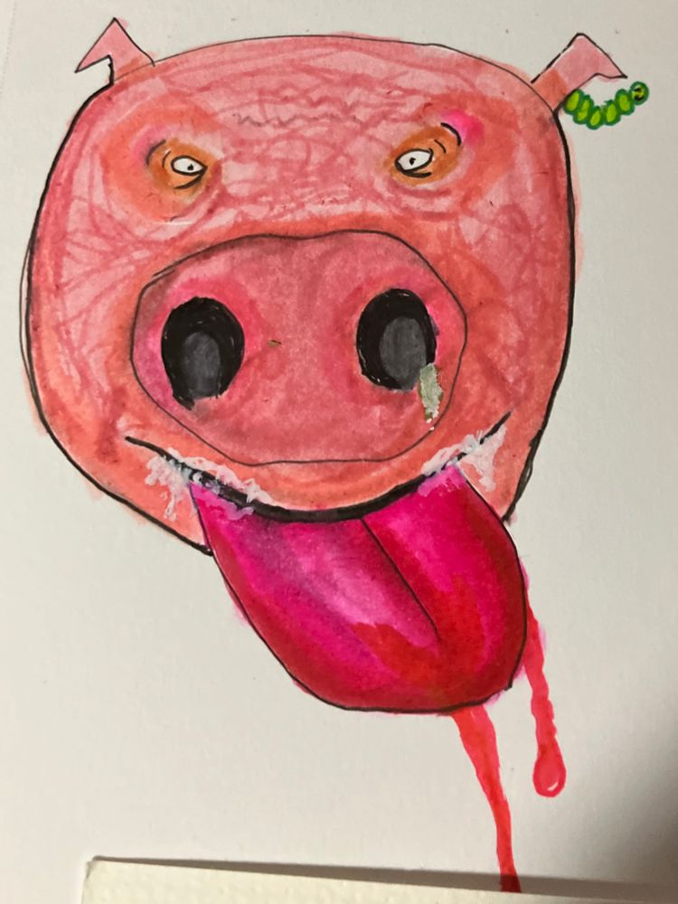 Large pink mottled pig face with green worm peeking out of one ear, white foam coming from bloody mouth and dripping on tongue. Green booger in one nostril. NOT AI!