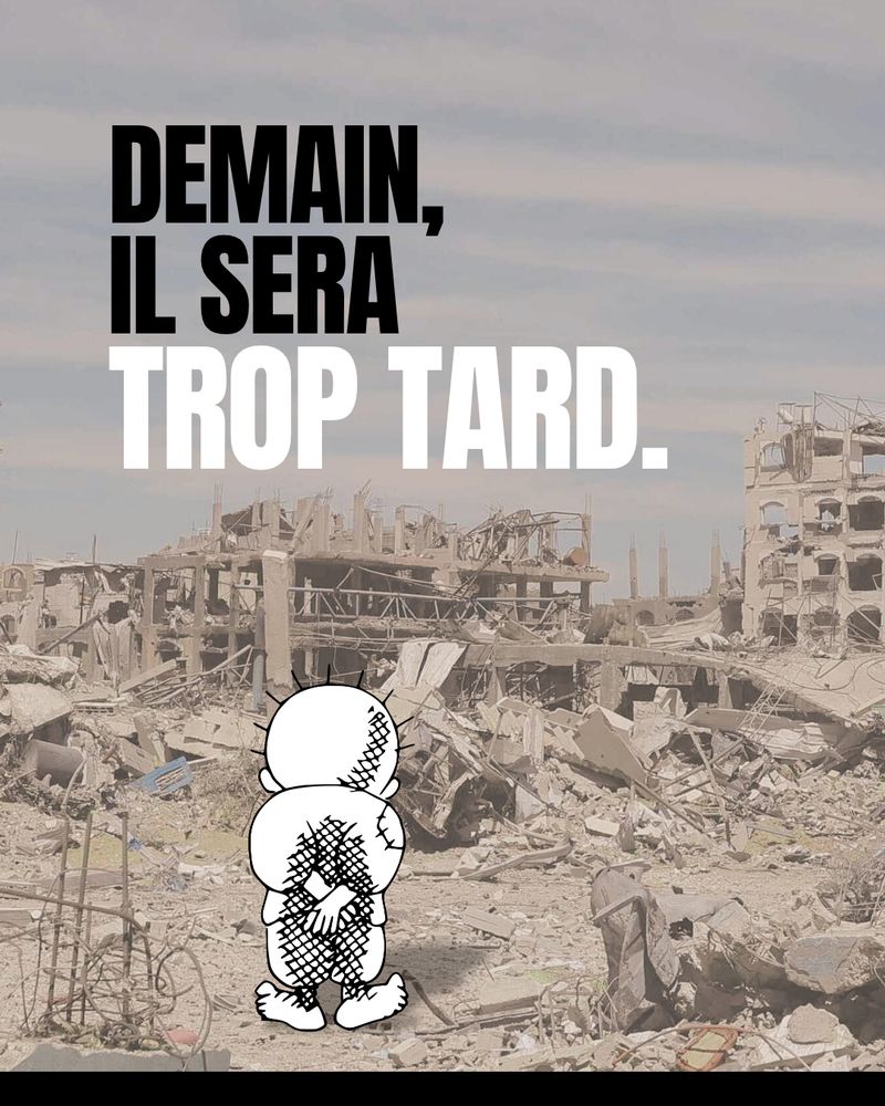 La couverture de la série de diapos montre un paysage de ville en ruine dans Gaza, dans lequel le dessin célèbre représentant Handala (un garçon de dos, les mains croisées derrière lui) semble errer. Un titre énonce : "Demain, il sera trop tard"