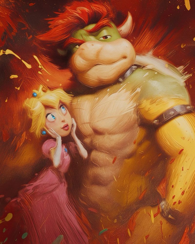 A painting of Bowser looking like a monster hunk with Princess Peach beside him.