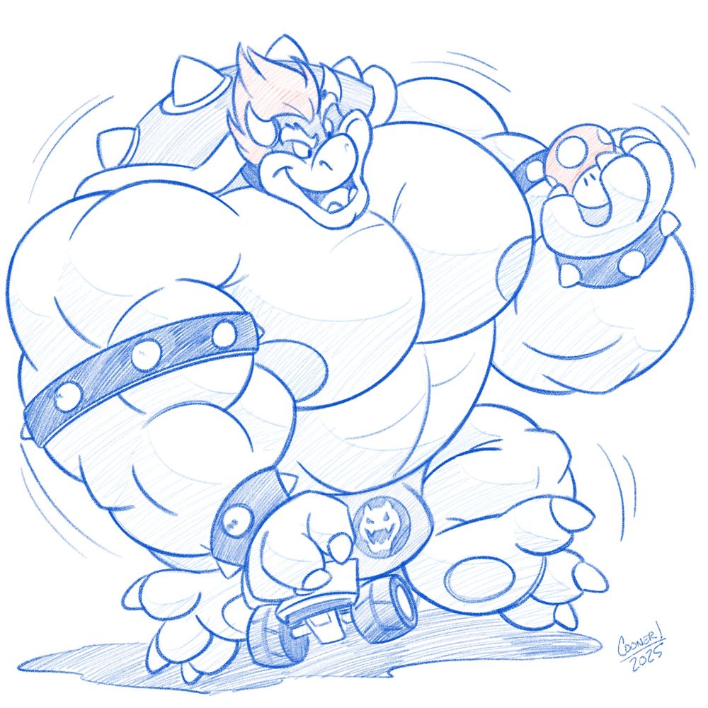Pencil sketch of Bowser wearing his spiked arm and wrist bands and a Koopa-logo speedo. He's huge, his upper body and arms particularly massive, as he rides a much-too-small Mario Kart. He's smiling looking at the megamushroom in his hand.
