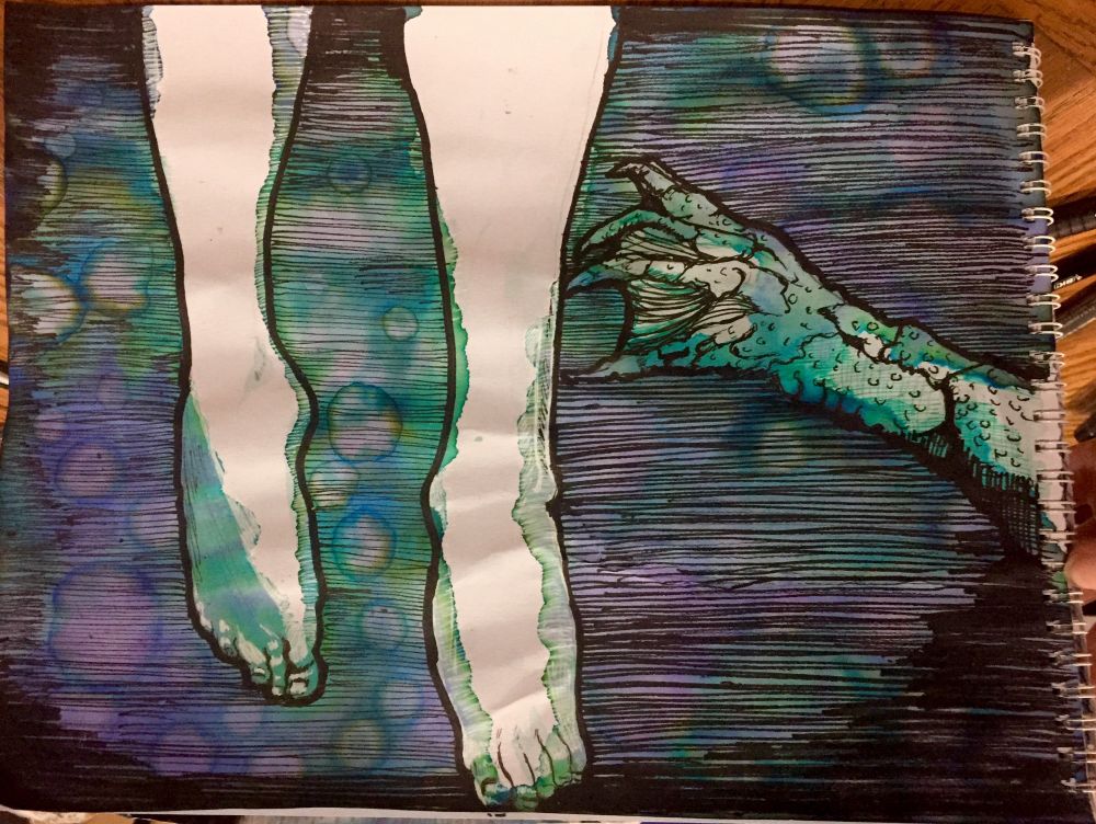 An ink wash and black pen drawing of a white woman’s feet and legs from mid-calf down; she has her toes pointed ballerina style in deep water, probably treading water.

From out of the dark water on the right, the webbed and scaly paw of the Creature of the Black Lagoon reaches toward her ankle, as if to claw her playfully or pull her under.  