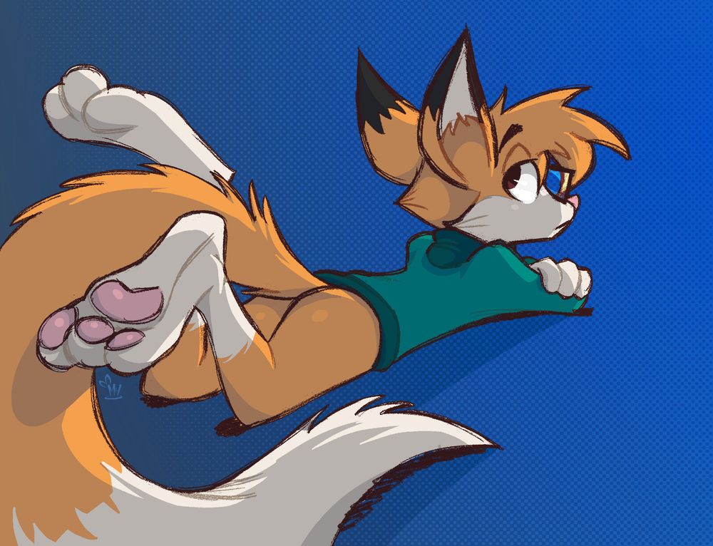 Zilch, an anthropomorphic orange fox with white fur patches on his paws, tails, and face and dark grey patches on his ears, wearing a pair of glasses and a green sweatshirt. He is lying on the floor, faced backwards, with his paws in the air.