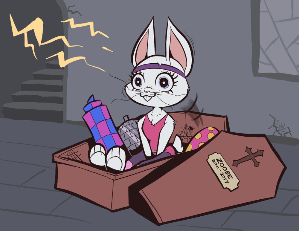 The Zoobe rabbit in an old casket, being raised from the dead using offscreen magic.