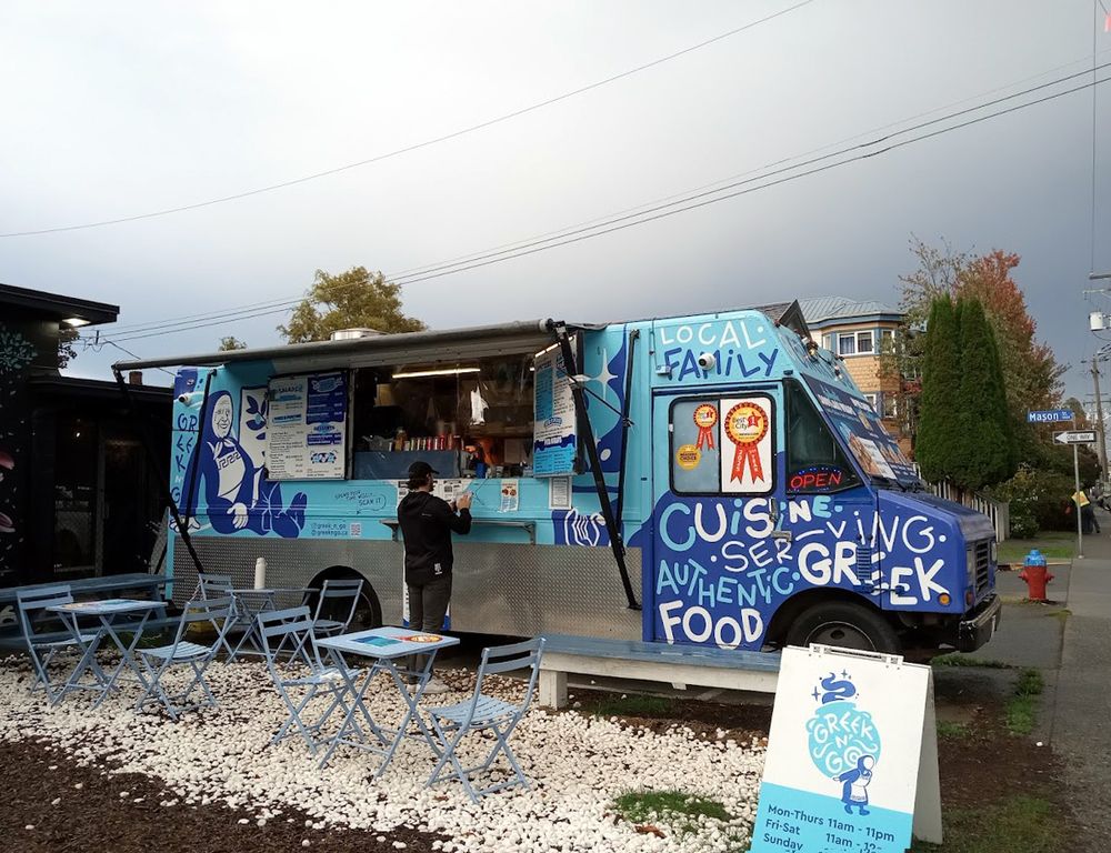 Greek food truck (there's also a taco truck not pictured to the left). Cook and Mason Streets, Victoria, BC. 