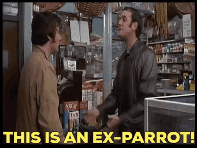 A gif of the dead parrot sketch at the part where Cleese says “this is an ex-parrot”
