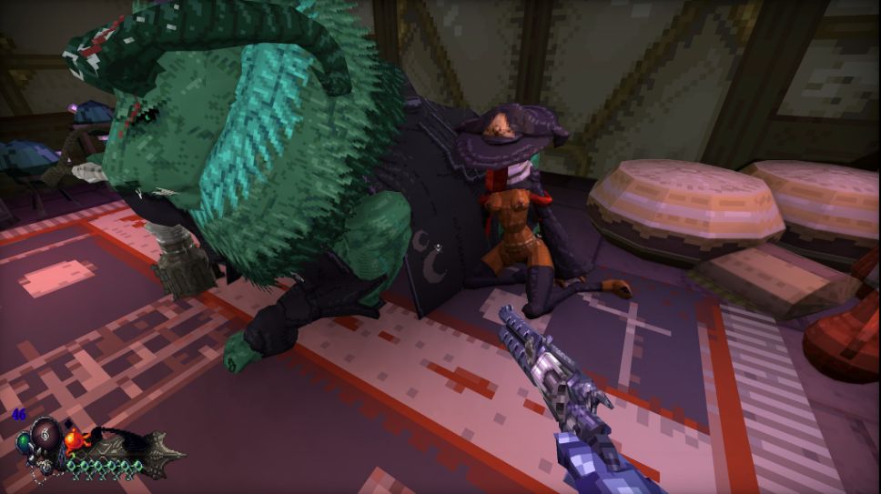 a woman whose breasts and bush are exposed is leaning on a manticore. the manticore is a merchant you can talk to and the implication in this game is that she's the manticore's sex pet