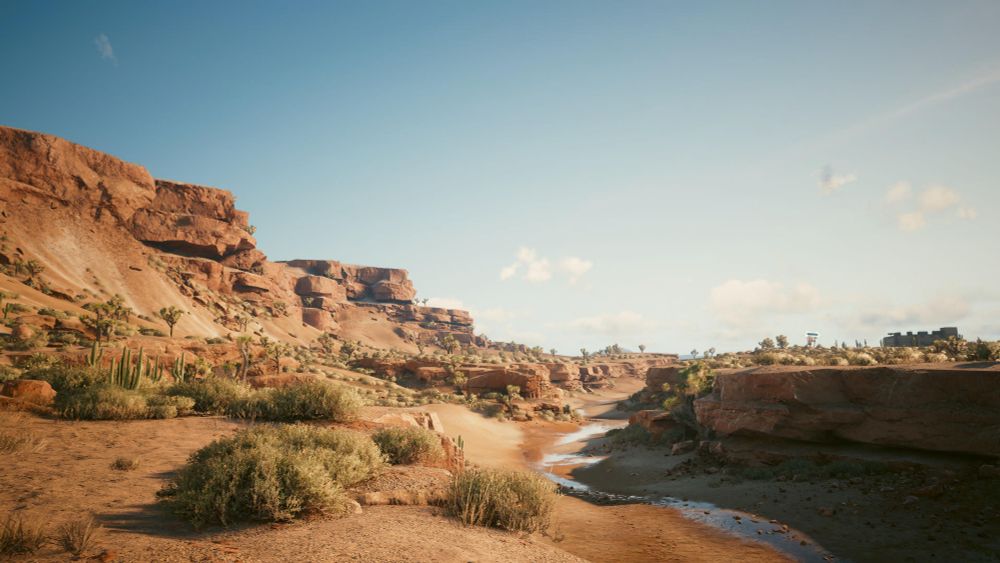 Photo from Cyberpunk 2077
Dessert landscape with a small creek running through a canyon 