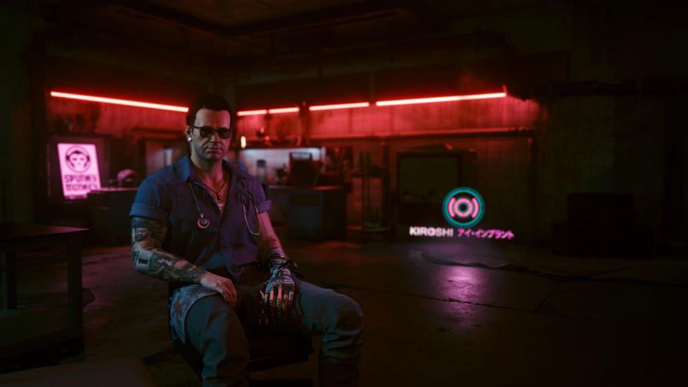Photo from Cyberpunk 2077
Viktor sitting in his office, pink and red neon lights glow in the background 