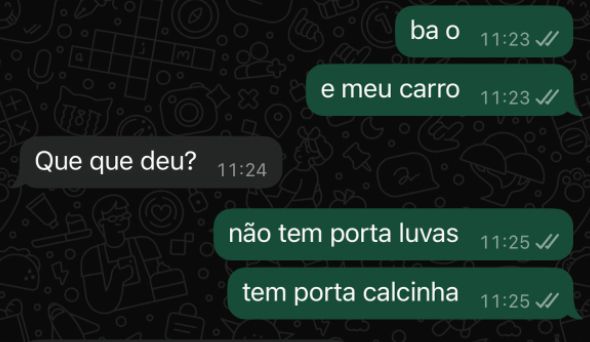 print de conversa no whatsapp onde chamo meu amigo falando “ba o, e meu carro”, ele pergunta o que aconteceu e eu respondo com a letra de música “não tem porta luvas, tem porta calcinha” 