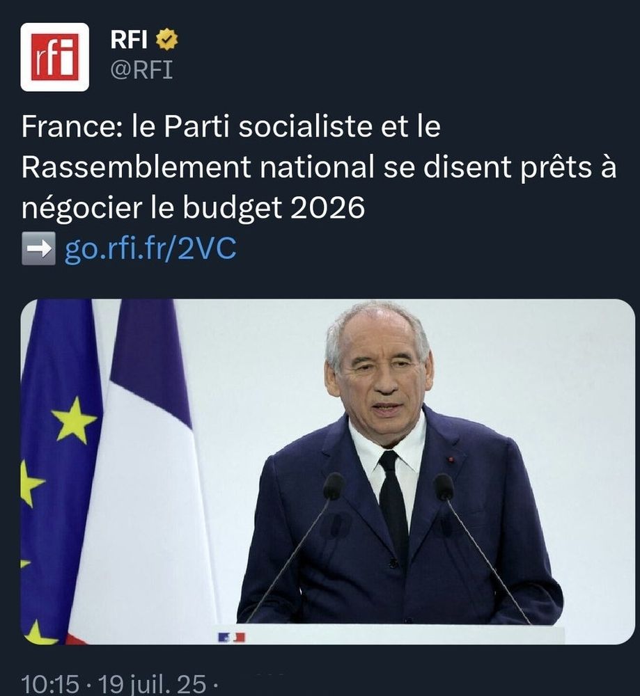 Article sur RFI :

"France : le Parti Socialiste et le Rassemblement National se disent prêts à négocier le budget 2026"