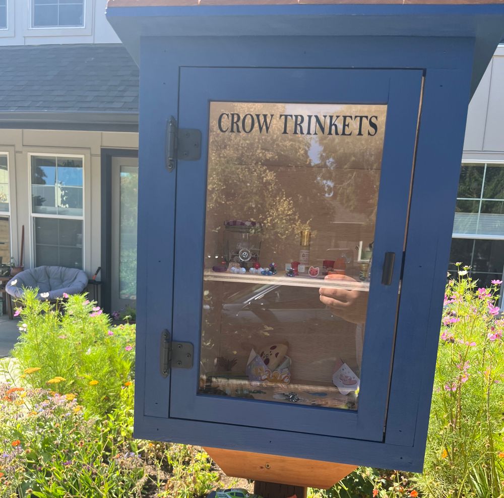 a little free library with lettering that reads CROW TRINKETS across the front