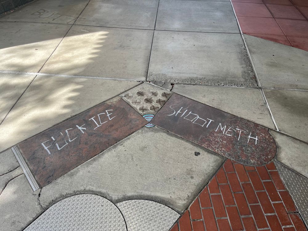 a tile floor mural thingy graffitied with FUCK ICE and SHOOT METH