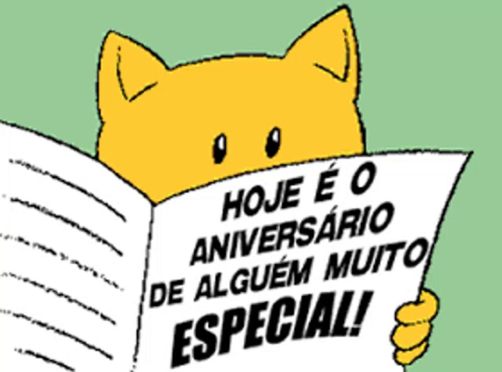 a cartoon cat is reading a paper that says hoje e o aniversario de alguem muito especial