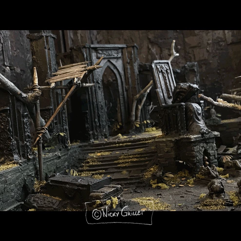Miniature model of mossy gothic ruins