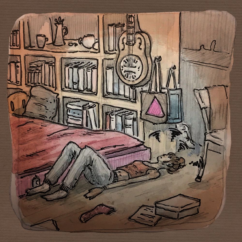 Watercolour drawing of me laying on the ground of my tiny flat, next to my bed and my books, the floor in a general sense of untidiness