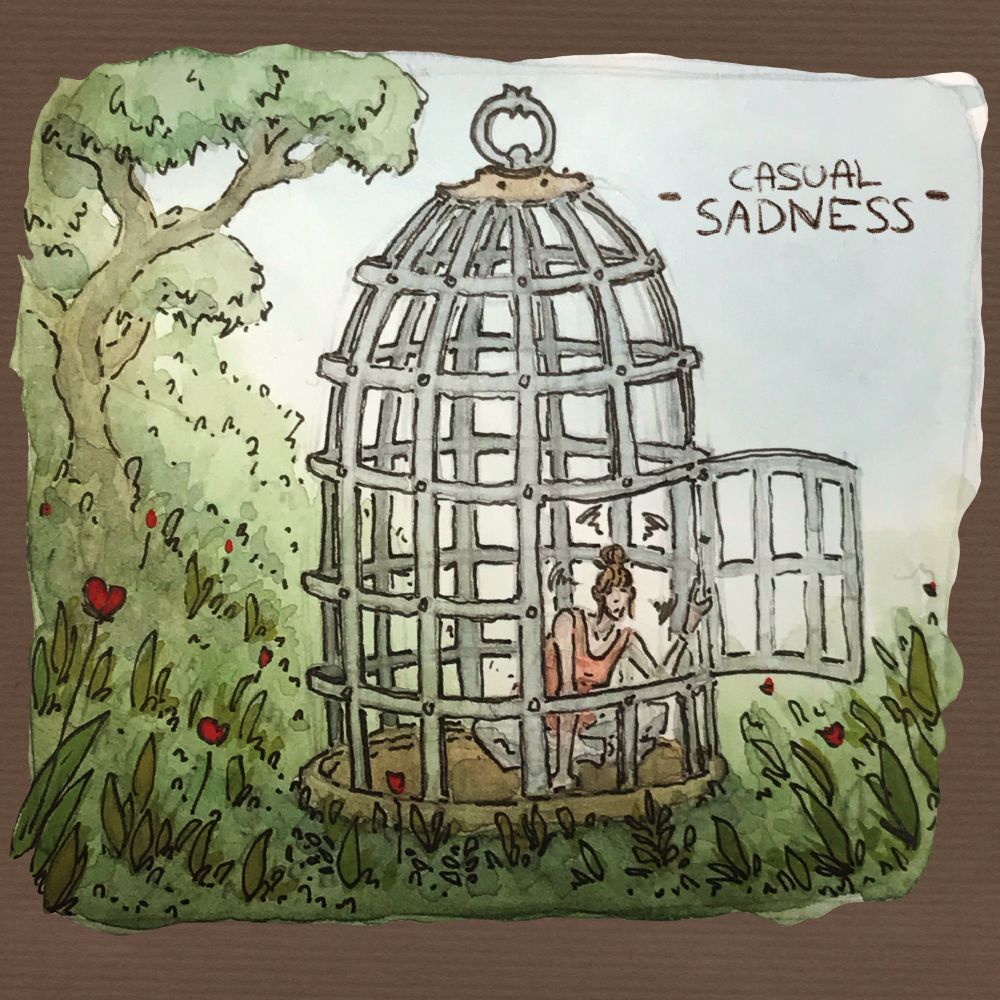 Watercolour drawing of me in a cage in a green field of grass and poppies, looking outside through the open door.