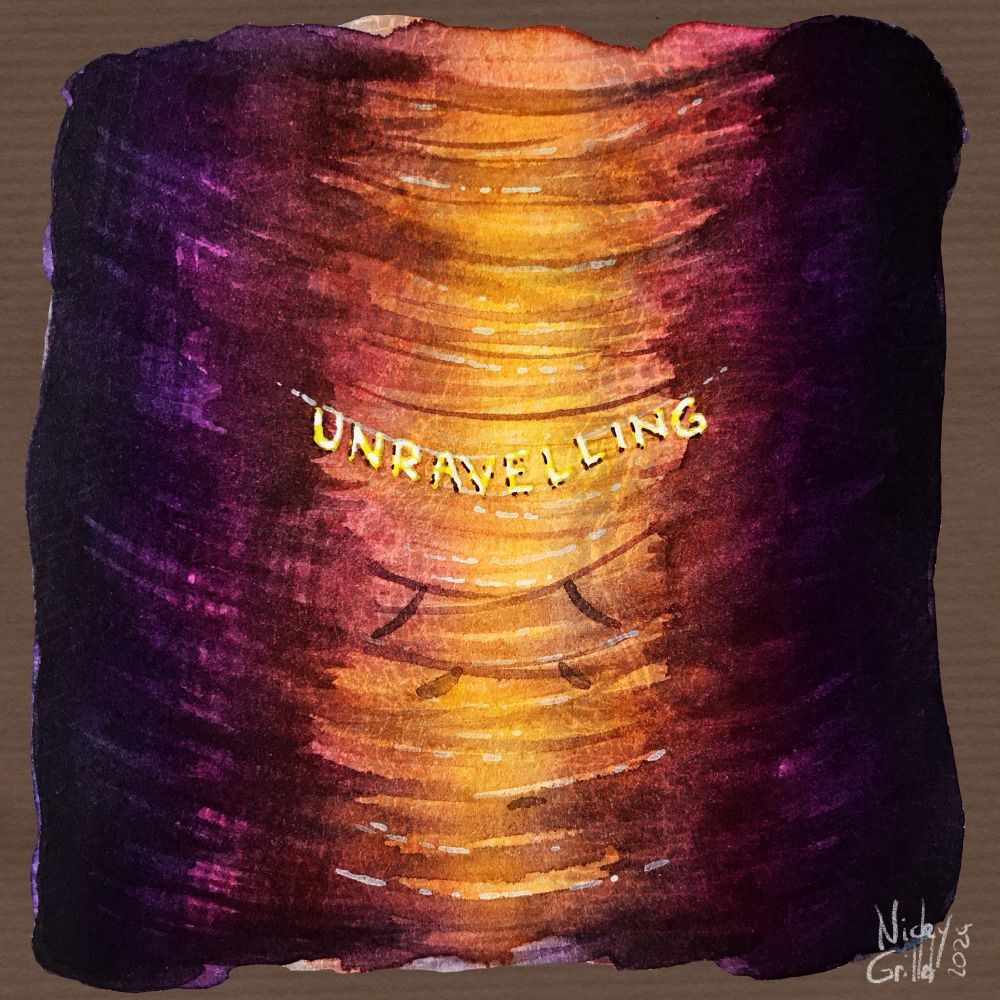 Title card, saying “unraveling” on a background of watercolour threads