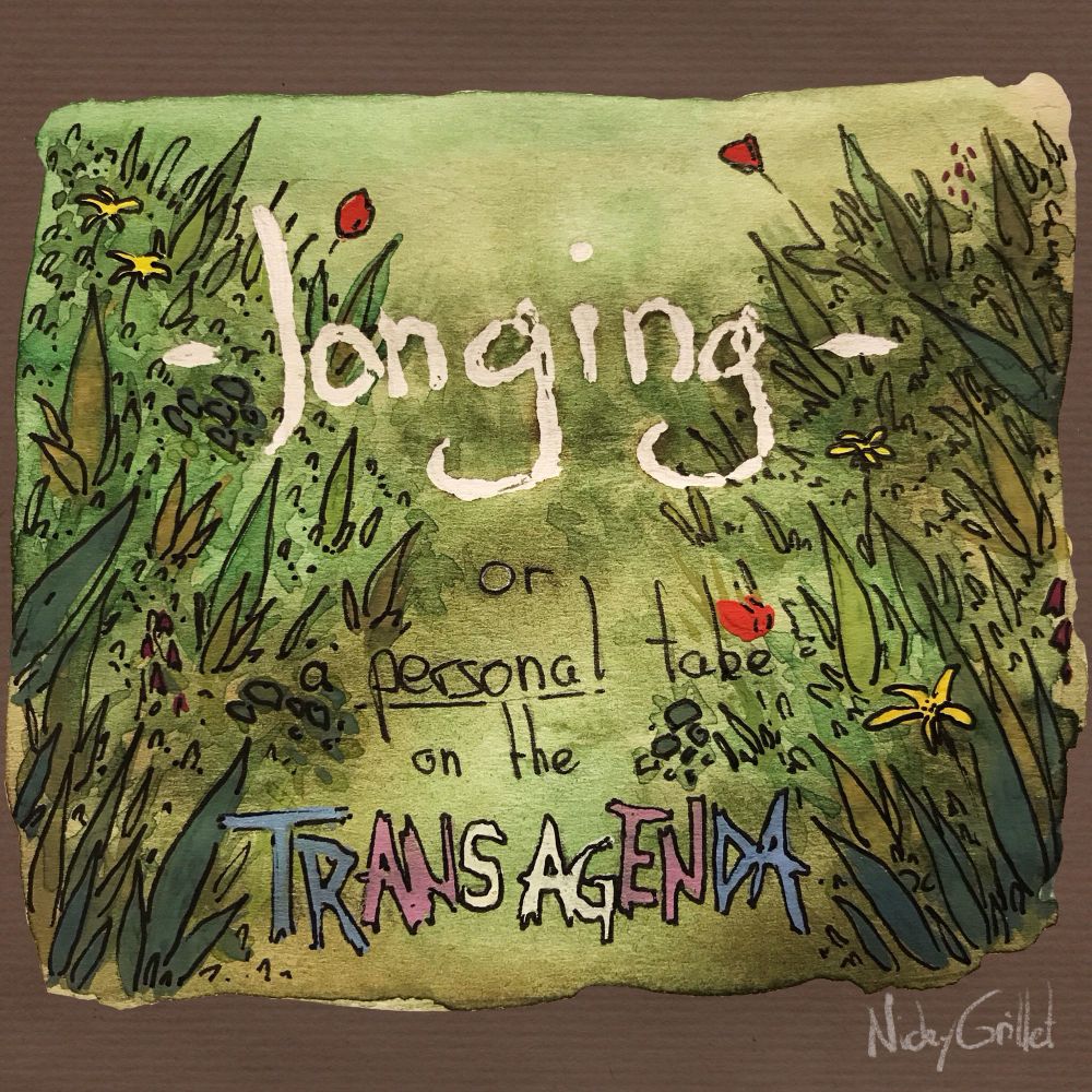 Title cards reading “longing, or a personal take on the trans agenda”, on a green watercolour and gouache drawing of grass and flowers, the trans agenda written in the trans pride Colors 