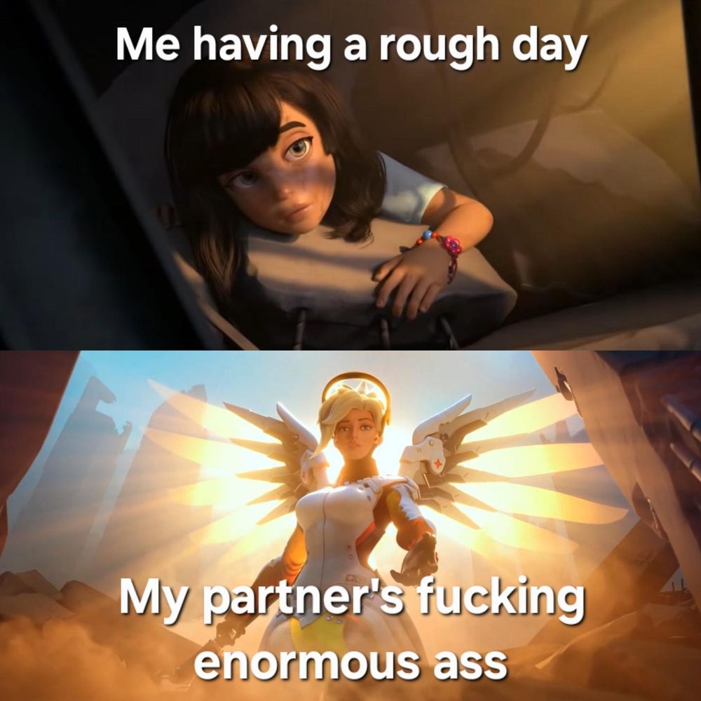 Meme of some angel lady saving some girl from a collapsed building or some shit. The girl in the top panel has the caption "me having a rough day" while that angel lady in the bottom panel has the caption "my partner's fucking enormous ass"