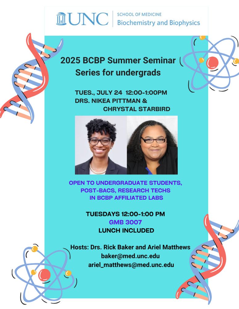 June 24 event: Summer Seminar Series for Undergrads is designed to connect researchers in our labs with peers & faculty. This series provides insights into grad school and biotech careers. Tuesdays, 12–1 PM in GMB 3007.  Speakers:  Drs. Nikea Pittman & Chrystal Starbird