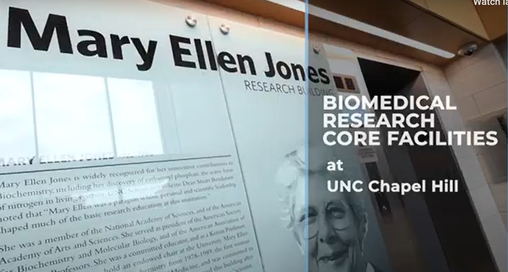 thumbnail to video shows Mary Ellen Jones on cover and text "biomedical research core facilities at UNC Chapel Hill"