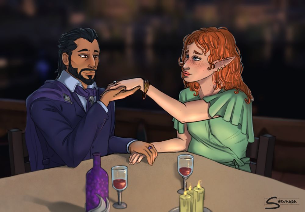 Illustration of Lucanis and Rook from Dragon Age the Veilguard.
They are sitting at a table with the lagoon in the background. Lucanis is holding Rook's hands.
