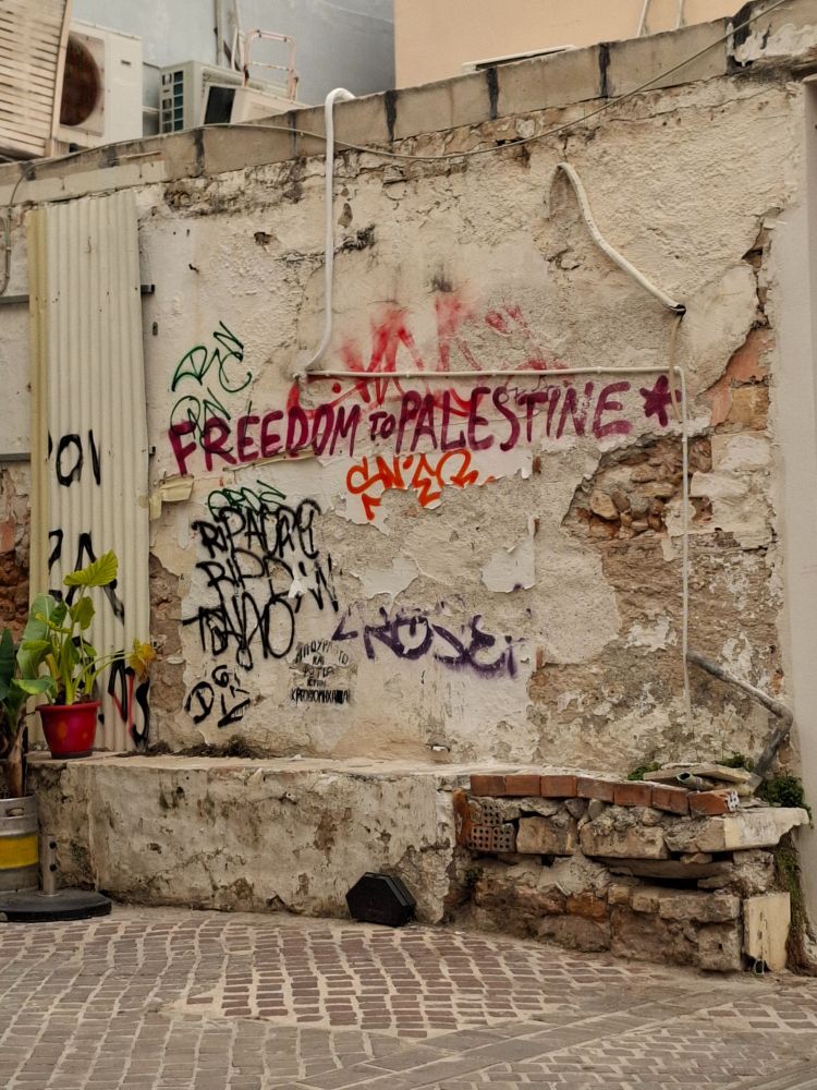 Graffiti on stone wall says Freedom to Palestine