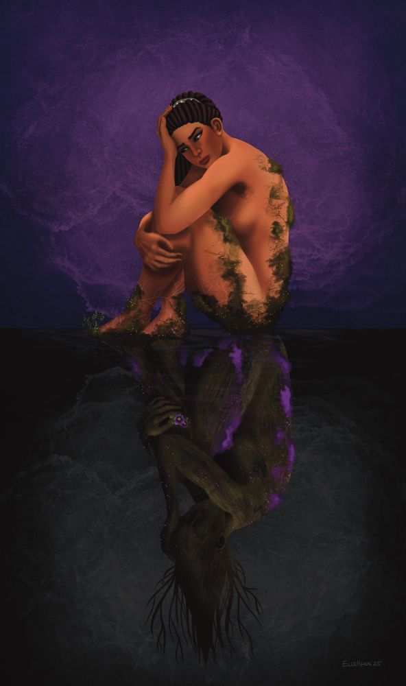 The animancer Giatta Castell sits upon a reflective surface against a textured purple background. She has dark dreadlocks tied up in a ponytail, furrowed angled brows, green eyes, and freckled, warmly-lit skin. She is nude except for moss growing up her body from the points of contact upon the surface. She stares in troubled contemplation down at a patch of small plants sprouting at her feet. In place of her reflection, is a humanoid figure that appears grown from dark green wood. Their "hair" grows downwards like roots. They are surrounded by a colorless, textured background and speckled with purple pinpricks of light and luminous purple moss. This figure holds two purple flowers in their hand.