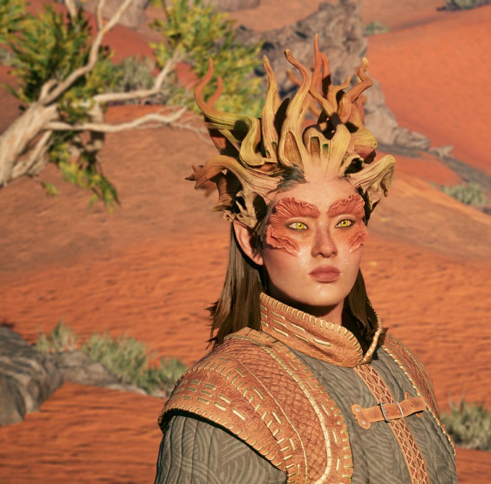 Stell looks towards the camera in the blazing sun, with a backdrop of the desert, a tree, and some rocks. She is a dark-haired, yellow-eyed elf with a branch-like crown of fungus growing from her head and reddish gilled growths around her eyes. she is wearing a gray gambeson with brown leather.