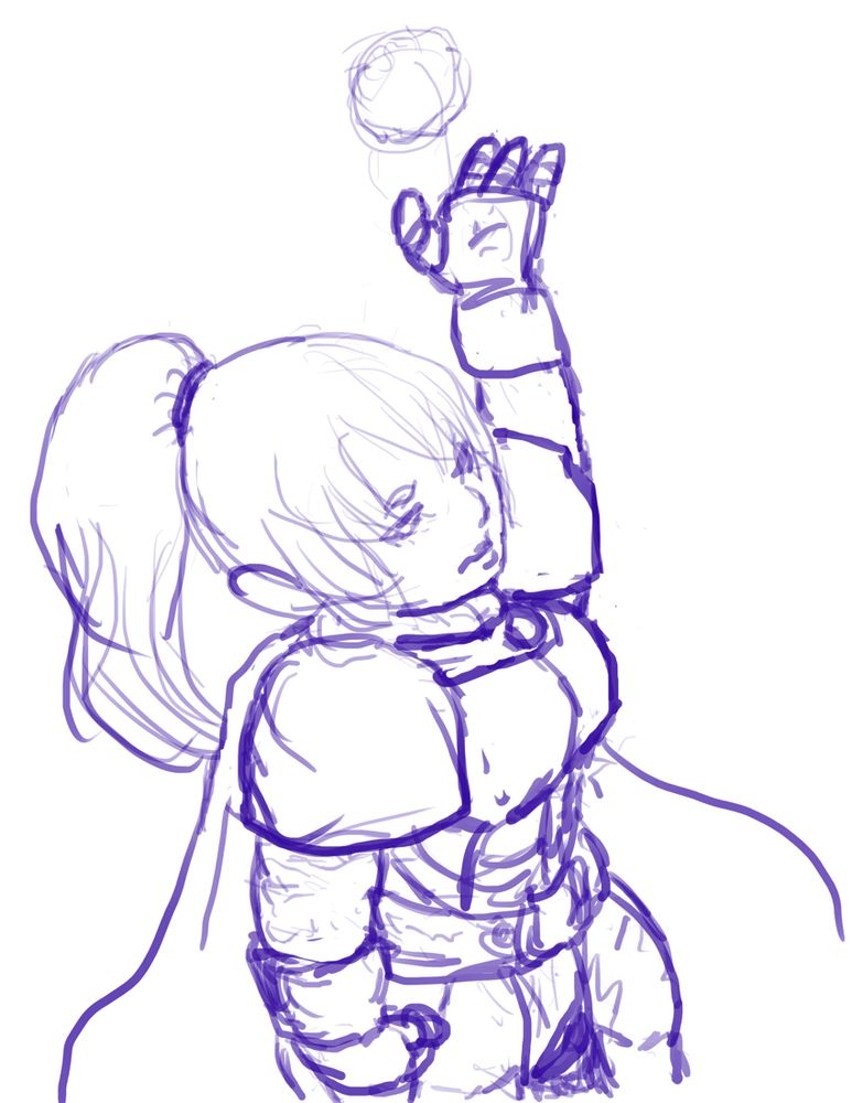 A digital sketch of a heavily armoured gnome with a ponytail tossing a snowball in the air