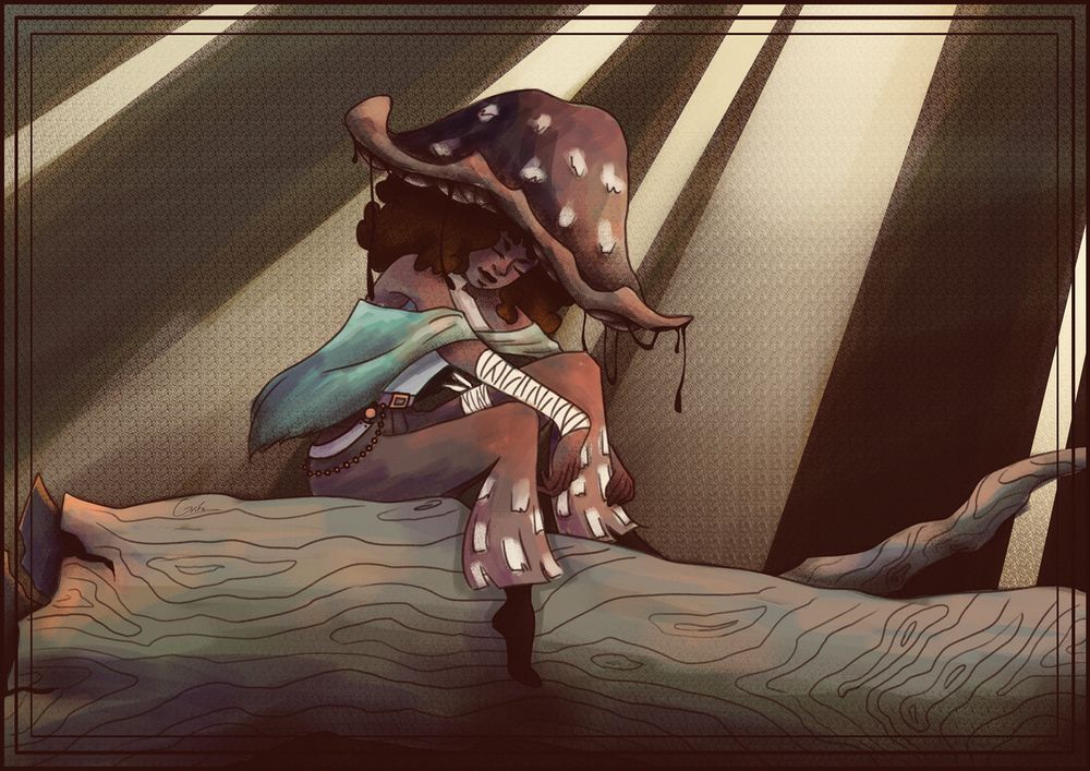 A digital painting of a girl sitting on a fallen, hollow log. The girl wears a hat that looks like the cap of an ink cap mushroom, a turquoise cape, light blue sleeveless turtleneck, brown pants of which the bell-bottoms resemble the stem of an ink cap mushroom and bandages around her arms. She is sitting with her eyes closed, calmly leaning her arms on her knees, with her legs pulled up onto the log on which she sits. The background is dark with several sunbeams coming through. There are 3 thin, unfilled rectangles which form a border around the image.