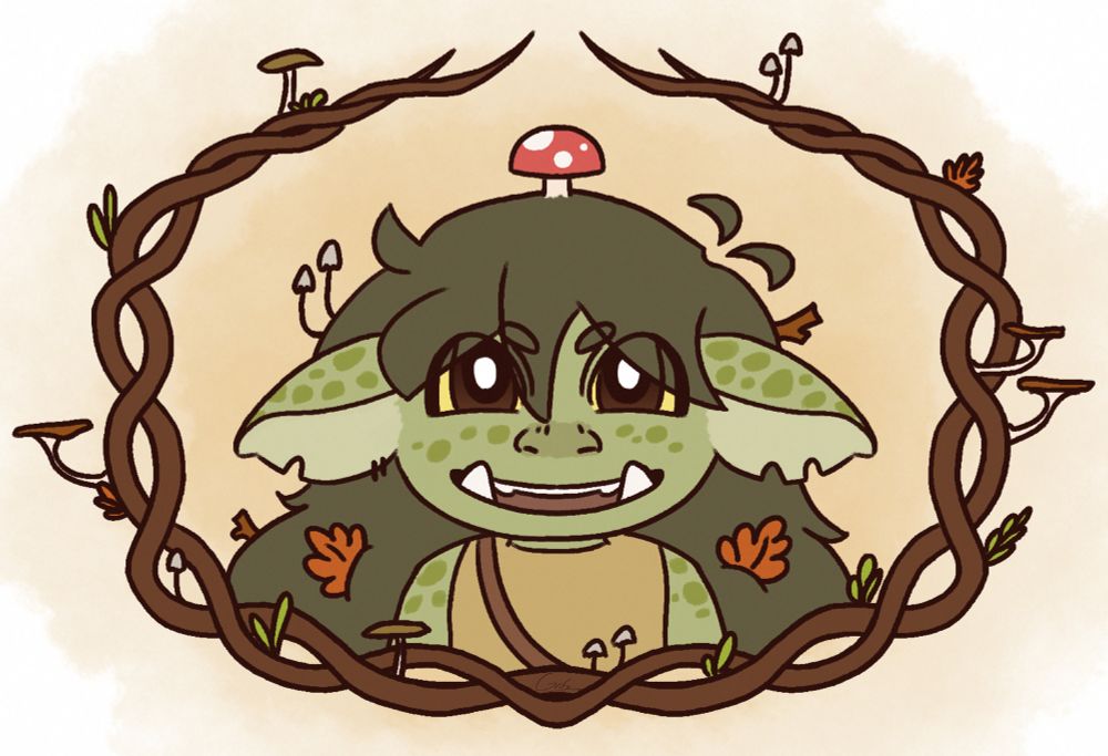 An image depicting a headshot of a happy goblin framed by two intertwining branches. The goblin has various twigs, leafs and mushrooms sticking out of their hair. The frame also has various leafs and mushrooms growing on it.