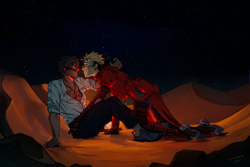 wolfwood and vash in a desert scene. there's a fire casing a rim light behind the duo as vash leans into wolfwood to light his cigarette on the burning end of wolfwood's. Vash has a look of yearning which contrasts wolfwood's look of shock. 