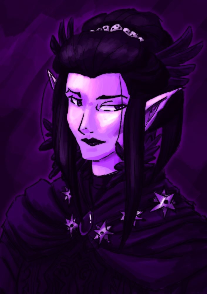 an portrait of Lieve’tel Toluse, an elven woman with pale skin, dark hair, and sharp features. she’s looking at something out of the corner of her eye. she wears a dark cloak adorned with raven feathers. the entire image is one purple hue