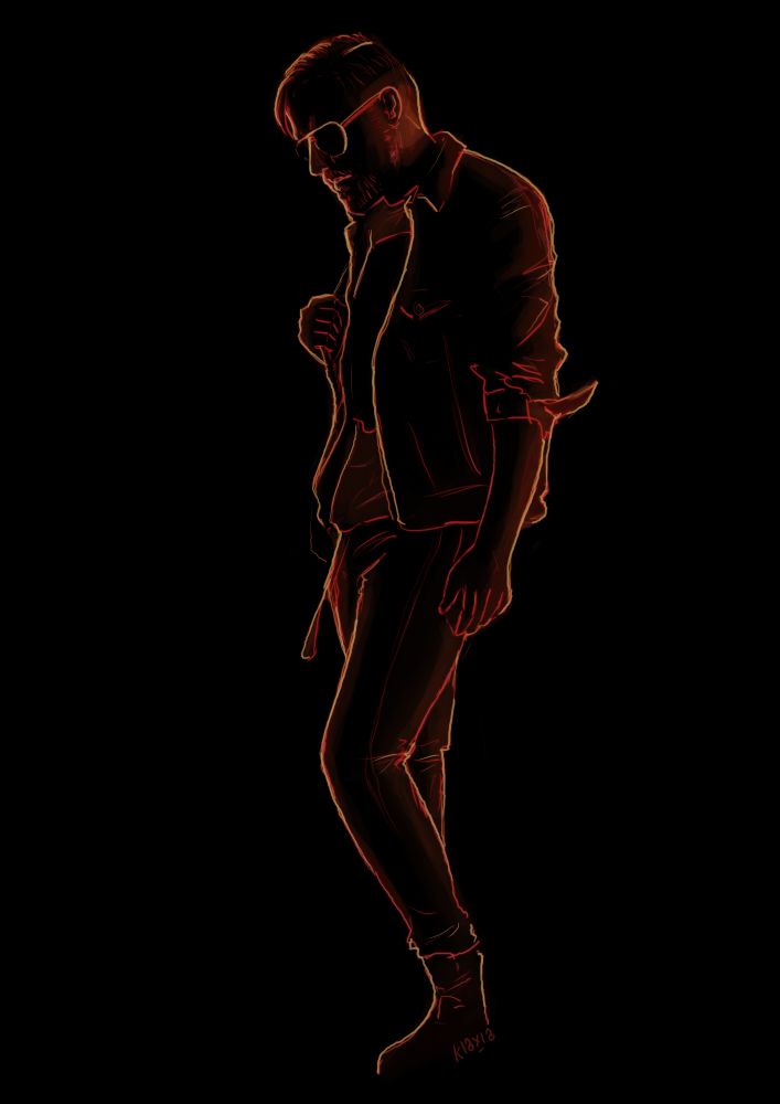 Drawing with of Orange Cassidy consisting of glowing orange lines on a black background. He standing facing to the side whilst holding a backpack draped over his shoulder though the majority of the bag is obscured from view.
