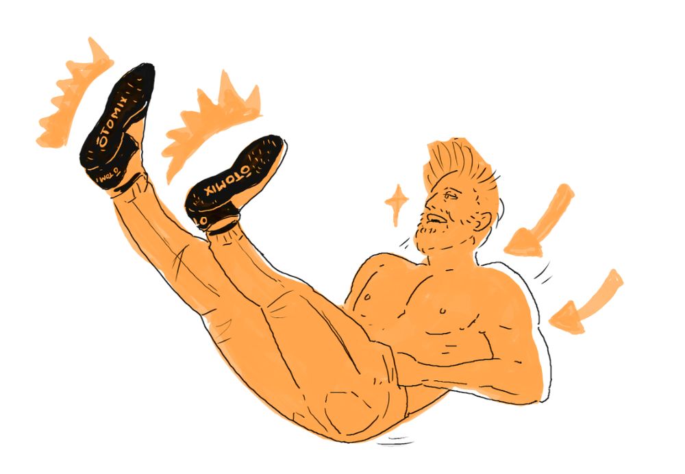 illustration of pro wrestler orange cassidy doing his hands in pockets dropkick