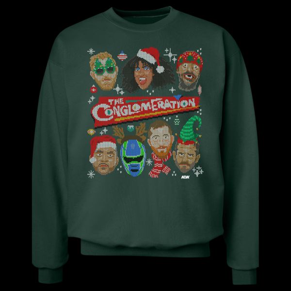 green sweater with christmas themed conglomeration design on