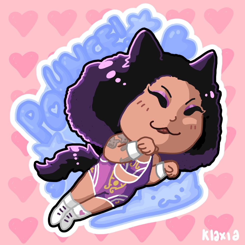 Chibi style drawing of wrestler Will Ospreay with dog ears and a wagging tail in a superhero landing type pose.