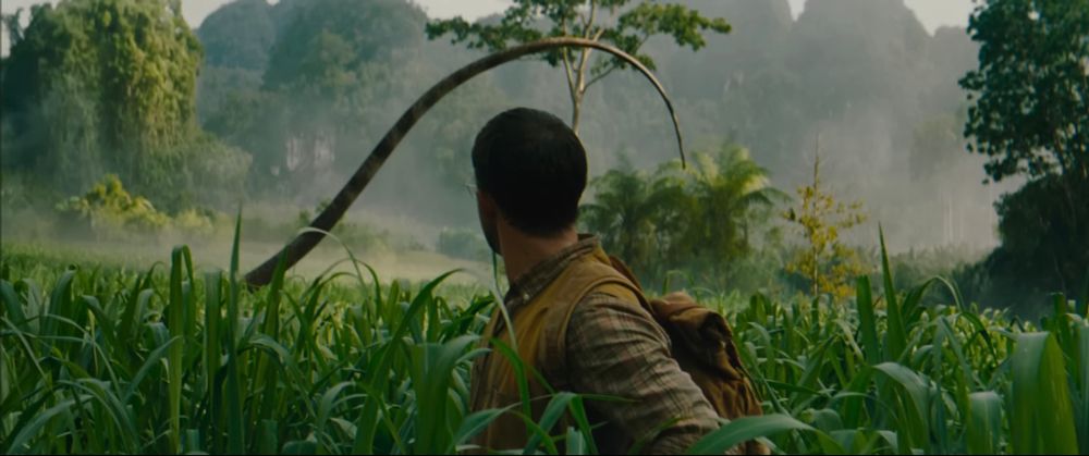 A man wearing glasses, a plaid shirt, and a yellow vest stands in a lush green field, looking over his shoulder. A large dinosaur tail, dark and curved, swings into view behind him. The background features misty, dense jungle foliage.