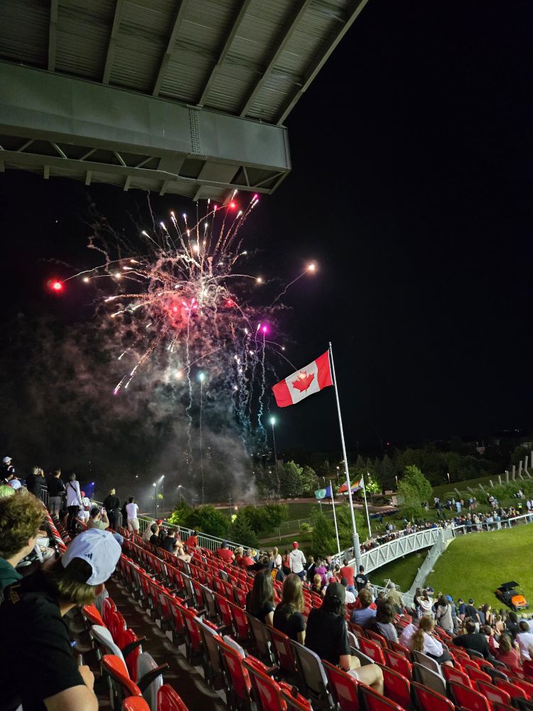 Canada flag with fireworks.