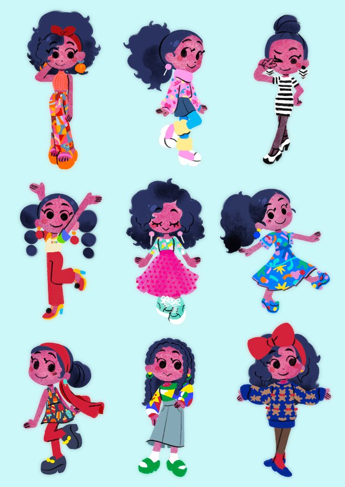Drew myself wearing clothes I’ve worn in an office setting.

Top left: salmon mock neck, orange (like the fruit) drop earrings, patchwork orange/red/blue pants, a red headband and orange platform sandals. Top middle: pink knit sweater with a confetti and hearts pattern on it, pink platform sneakers, yellow loose socks, neon blue tights, denim skirt and pink lollipop earrings. Top right: striped black and white dress, striped triangular drop earrings, black and white contrast pumps and semi opaque black tights.

Middle left:  red circle/orange square dangling earrings, ringer shirt with split orange/red, blue/green sleeves - shirt says “CAMP” in coloured writing on the screen right side of the chest, red jeans, orange/red/blue colour block heels. Center: polkadot tulle midi skirt, all over print teal shirt patterned with ice cream and popcorn, teal high top sneakers, pink lollipop earrings. Middle right: blue all over print dress patterned with colourful abstract shapes, matching blue polkadot pumps (the shoe is blue, the polkadot are colourful), blue circle/yellow square dangling earrings.

Bottom left: red headscarf tied like a headband with a long tail, black dress with a popsicle pattern, red tights, black loafers with a gold chain, popsicle earrings. Bottom middle: midi denim skirt, white socks, green open toe platforms, bright green/white/blue/yellow/res abstract sweater, yellow/green heart earrings. Bottom right: red head wrap tied in a huge bow, blue oversized knitted sweater with brown teddy bear pattern - the bears on the front panel are wearing red bow ties, brown tights, red socks, blue flats and small gold heart shaped earrings.